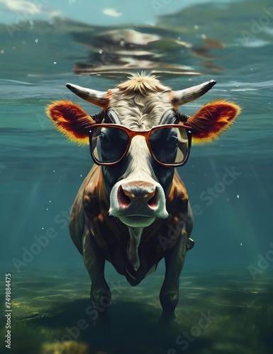 A cow with glasses dives in the water. Surreal fun concept of nature, animals and summer. Generative AI