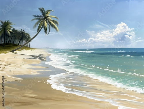 A sandy beach with gentle waves lapping at the shore, a single palm tree providing shade 