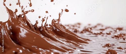 Chocolate splash dripping on white background, Chocolate milk splash Liquid Elegance dessert delicious ,background ultrawide 21:9, banner cover graphic resource