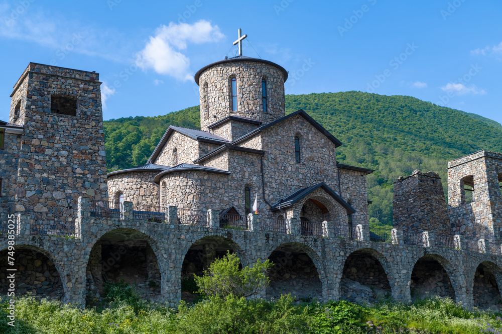 Cathedral of the Iveron (Mozdok) Icon of the Mother of God in the Alan Assumption monastery on a sunny June day. Khidikus, North Ossetia-Alania. Russia