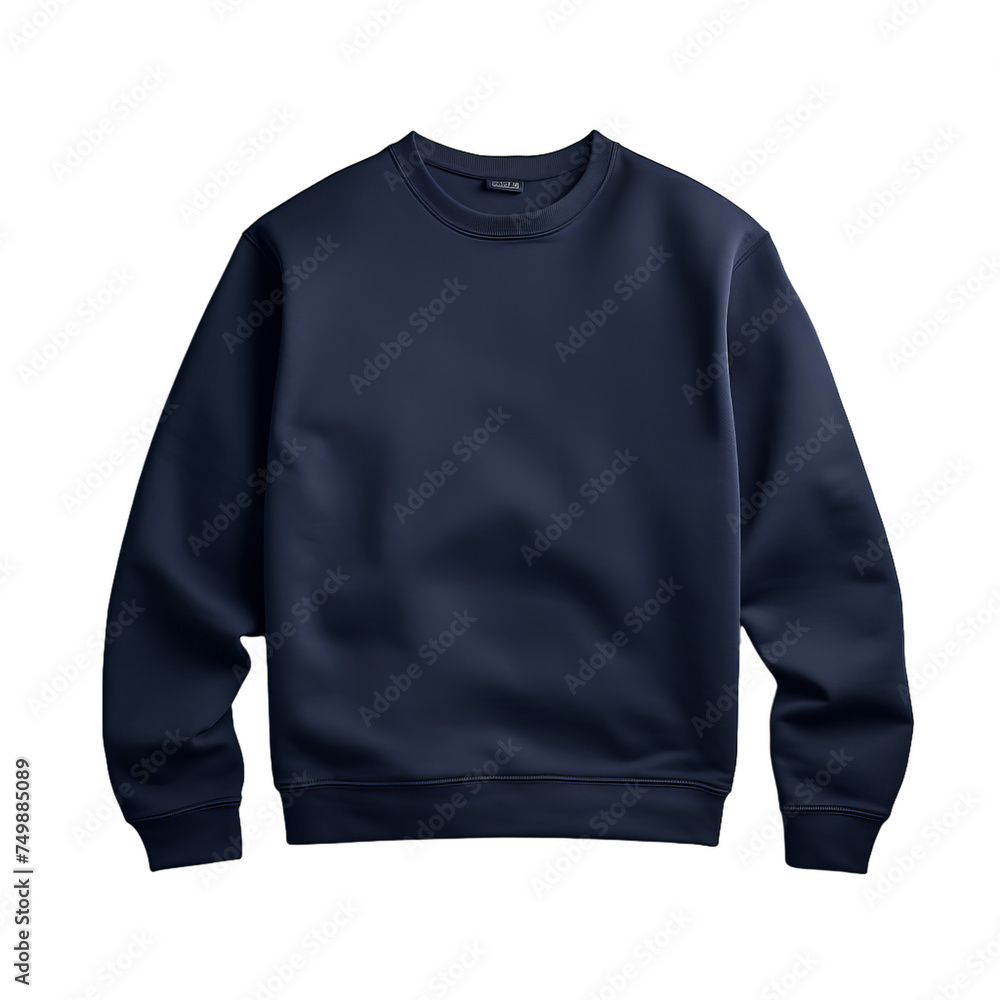 A basic navy blue sweater with blank label isolated on transparent background, png