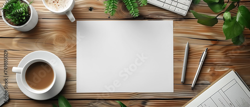 Landscape paper, White paper empty on a wooden table, A4 paper mock-up Top view, laptop prop and coffee mug, mockup concept background cover wallpaper
