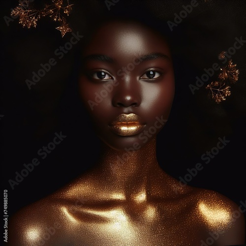 Portrait of a beautiful african american woman with golden makeup. 