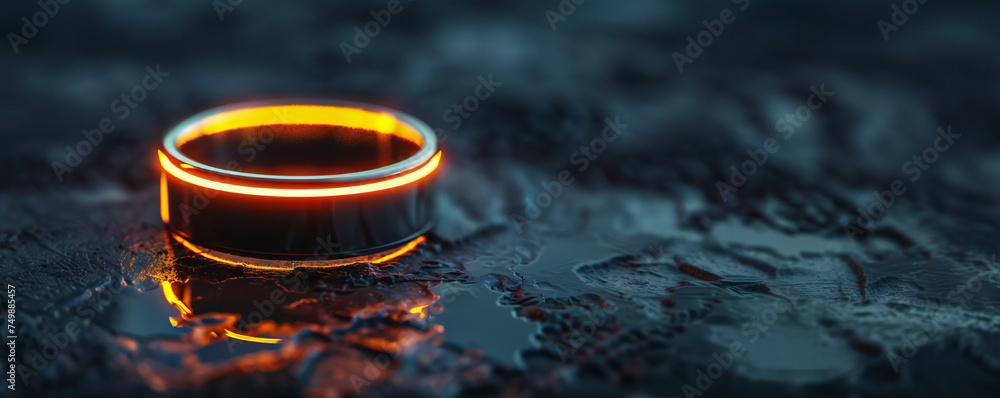 Futuristic smart ring glowing on dark textured background. Sensors tracking body health metrics. Technology commercial banner with copy space.