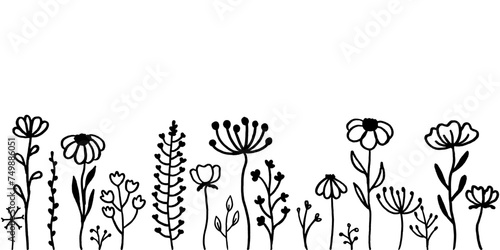 Hand Drawn Black And White Spring Flowers On White Background. Sketch. Doodle style