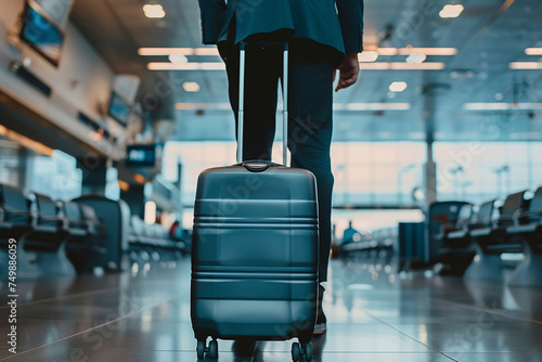 person walking with a trolley bag going for vacation, Travel, traveler in airport with a large suitcase, travel agency, luggage at the airport ,airplane flying over the clouds, passports, holiday