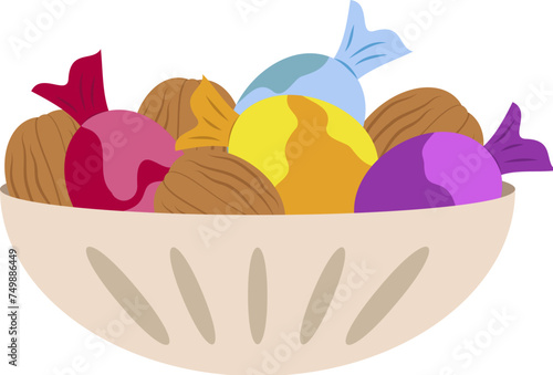 National sweets of Novruz Bayram holiday paxlava, shekerbura, gogal, seed, closeup on a white background,vector. photo