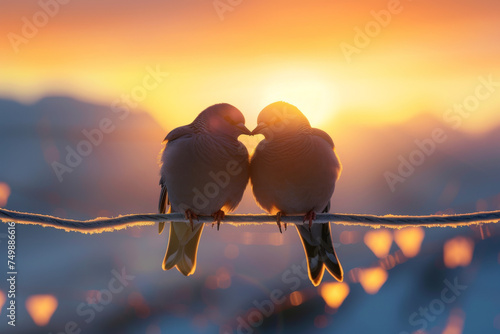 Heartfelt Sunset: Love Birds Perched Together
 photo