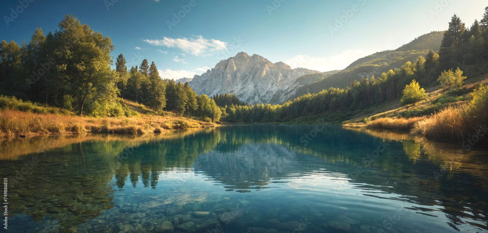 Obraz premium Beautiful landscape of a pond with mountains and reflection on the water. Panorama.