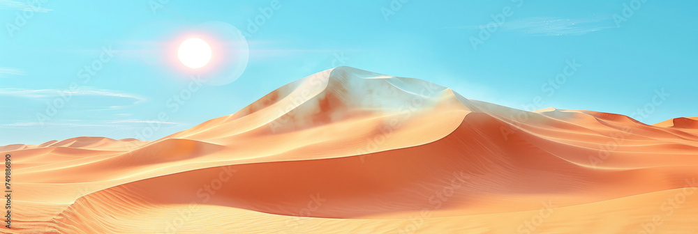 the sun in the desert, a brown sand dunes in the desert on blue sky background, appropriate for travel magazines, blog headers, website backgrounds, or desert themed contras designs.banne - obrazy, fototapety, plakaty 
