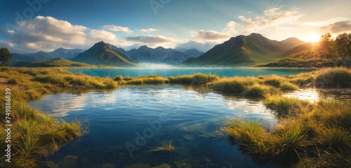 Beautiful landscape of a pond with mountains and reflection on the water. Panorama. © fydorov