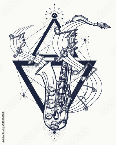 Music tattoo. Saxophone and notes. Esoteric musical symbol of dream, imagination, freedom and creativity. T-shirt design concept