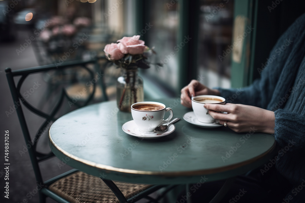 Girl Sits At The Table Of Street Cafe With Cup Of Hot Coffee Girl Sits At The Table Of Street Cafe With Cup Of Hot Coffee