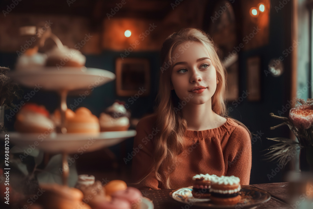 Girl With A Lot Of Sweets In Cafe