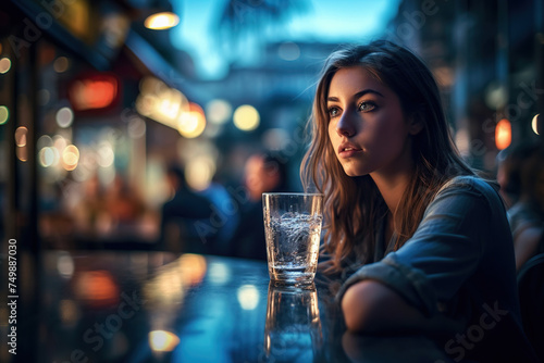 Illustration Of Girl In Night Cafe With Glass Of Water