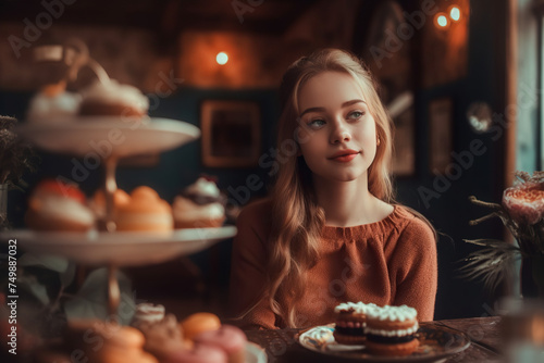 Girl With A Lot Of Sweets In Cafe