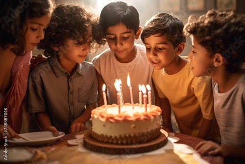 Kids Blowing Out Candles On A Cake At Birthday Party
