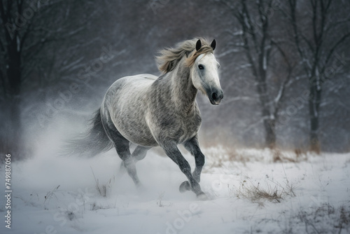 Magnificent White Horse Running By Snowy Meadow