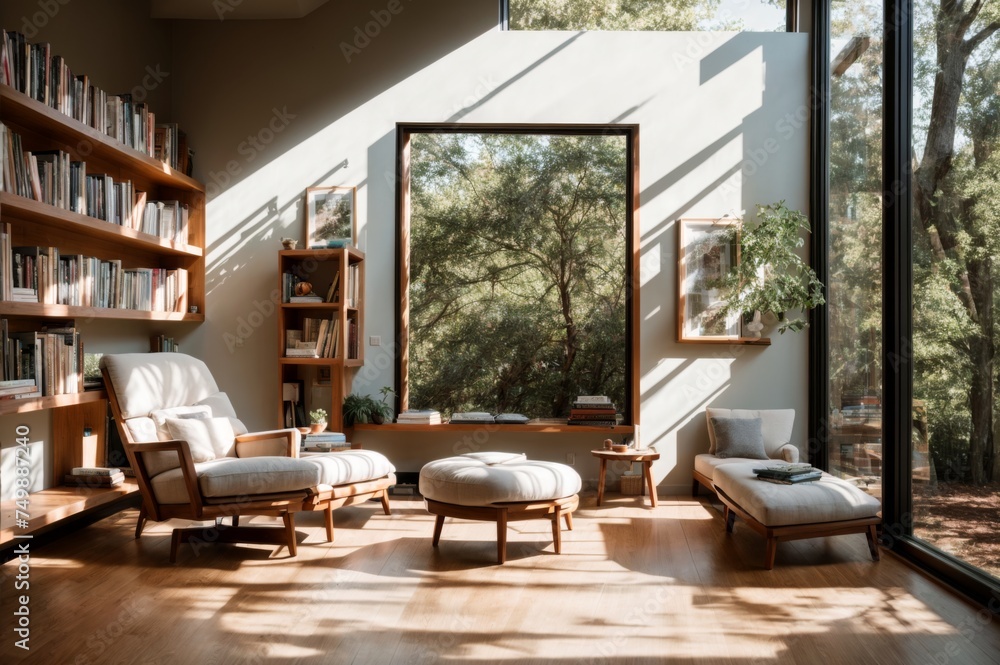 Sunrays grace a peaceful reading space with cozy chairs and tall shelves 