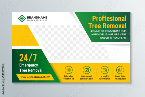 professional tree removal banner design. Agricultural and farming services web social media post lawn gardening template design. horizontal layout with space for photo. green and yellow element.