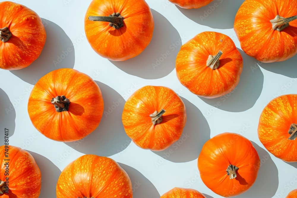 Circle of Orange Pumpkins under the Sun on White Surface, Autumn Harvest Still Life Concept with Copy Space Circle of Orange Pumpkins under the Sun on White Surface, Autumn Harvest Still Life Concept with Copy Space