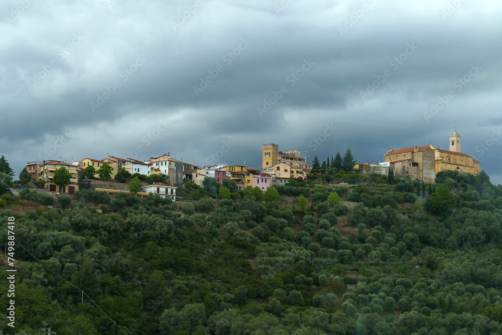 A small village perched on the peak of a hill, surrounded by fields and forests