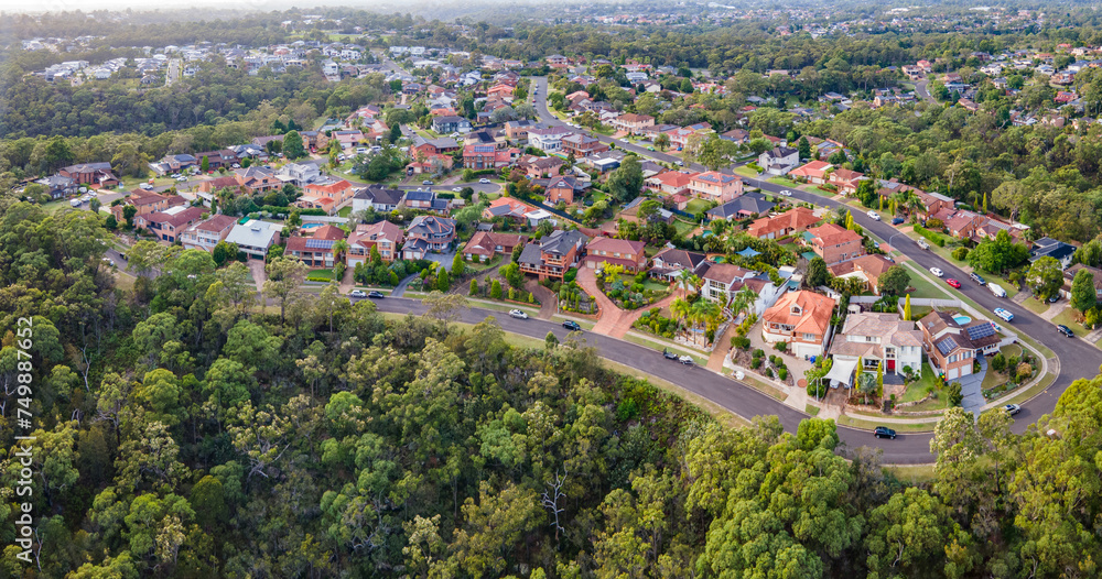 Aerial drone view over Menai, in the Sutherland Shire, South Sydney, NSW Australia on the western side of Alfords Point Road in March 2024