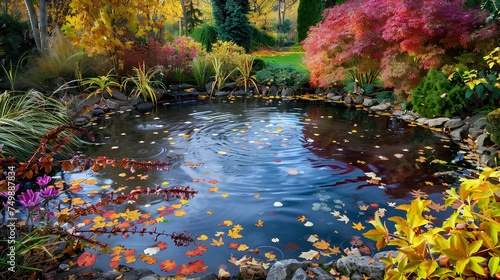 Autumn park with leaves floating on water
