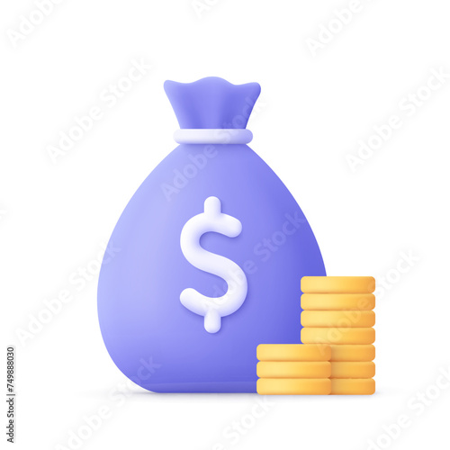 Money bag with dollar sign and golden coin stack. Business, finance, banking and investment concept. 3d vector icon. Cartoon minimal style.