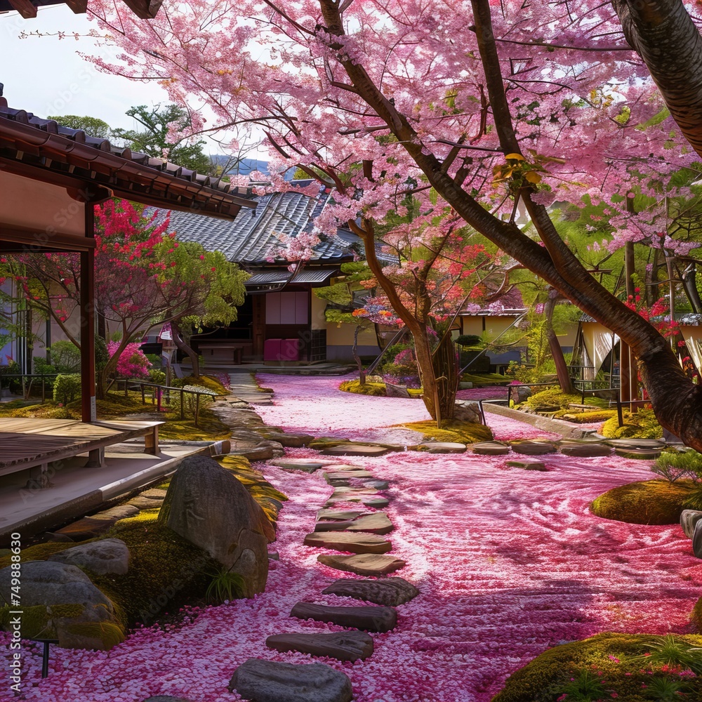 Obraz premium A traditional Japanese tea garden in Kyoto during cherry blossom season, the pink petals creating a colorful canvas