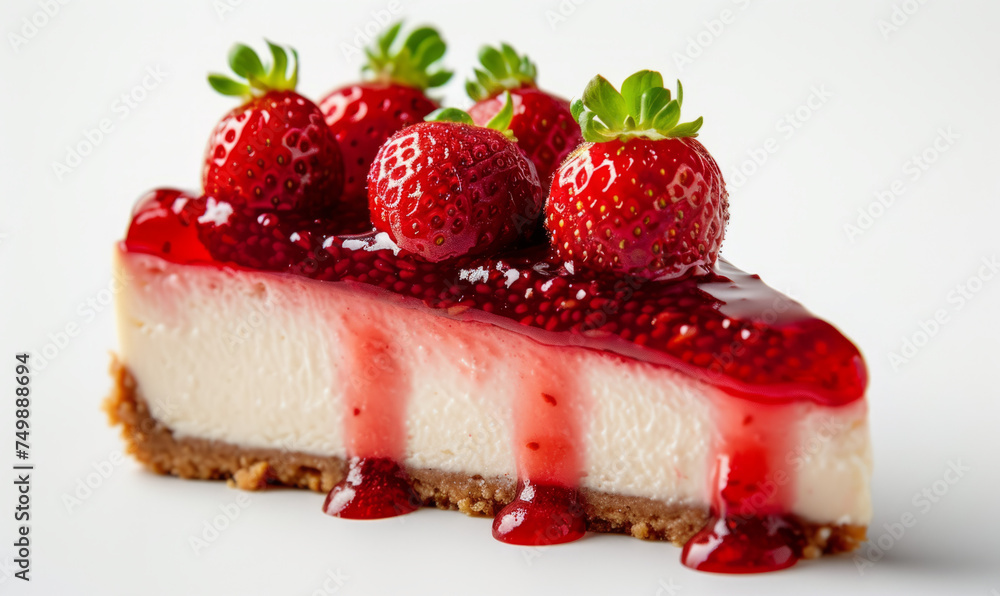 A slice of creamy cheesecake with a graham cracker crust, topped with whole fresh strawberries and a glossy berry sauce, elegantly presented on a white background, highlighting its rich A slice of creamy cheesecake with a graham cracker crust, topped with whole fresh strawberries and a glossy berry sauce, elegantly presented on a white background, highlighting its rich