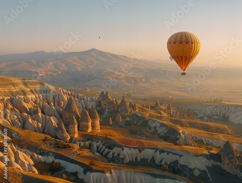 A serene morning in a hot air balloon over the fairy chimneys of Cappadocia, the landscape bathed in soft dawn light 