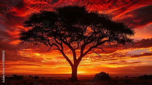 A sunset safari in the Serengeti  a silhouette of an acacia tree with a backdrop of the rich  red African sky 