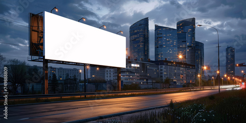 urban landscape at night with a white blank billboard poster design  empty white billboard with buildings at night