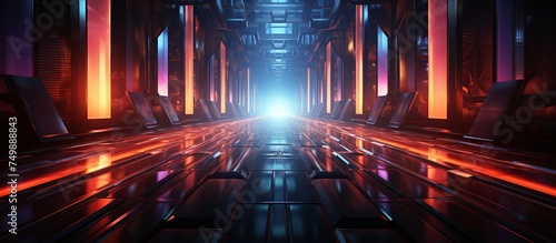 Futuristic corridor with neon lights and reflections