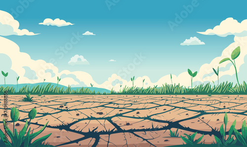Natural Disasters. The ground is cracked by the drought and the sun is hot. Vector illustration photo