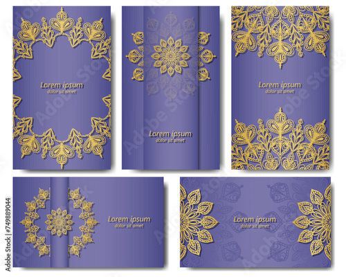 Golden mandala on lavender background. Set of five purple backdrops with round ethnic ornaments. Design of postcard, invitation, flyer, package, cover.