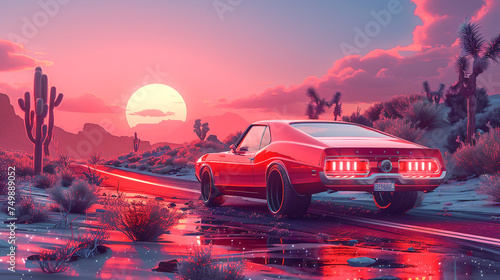 Classic Muscle Car in Desert Sunset with Cacti and Puddles © Parinwat Studio