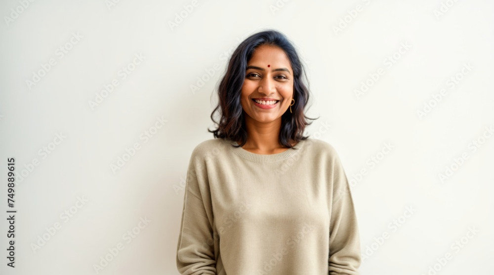 Lady in beige sweater with a cheerful smile against white backdrop Lady in beige sweater with a cheerful smile against white backdrop