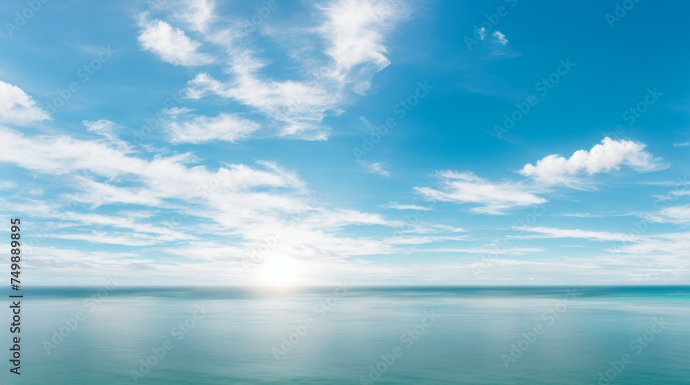 Large aquamarine sea under a sky with fluffy clouds and radiant rays Large aquamarine sea under a sky with fluffy clouds and radiant rays