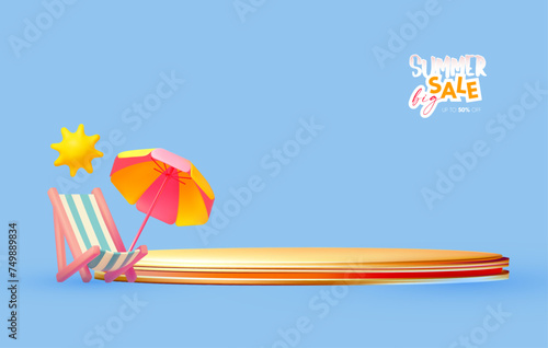 Summer Sale poster template with round podium. Product display with cute 3D render: beach chair, umbrella and sun.
