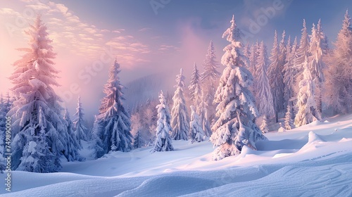 Winter scenery with snowy forest and mountains, illuminated by the sunrise Christmas atmosphere with white snow covering the landscape and icy trees Nature's beauty in the cold