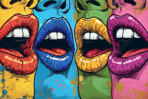 Colorful Pop Art Illustration of a Woman's Mouth with Open Lips and Sticking Out Tongue