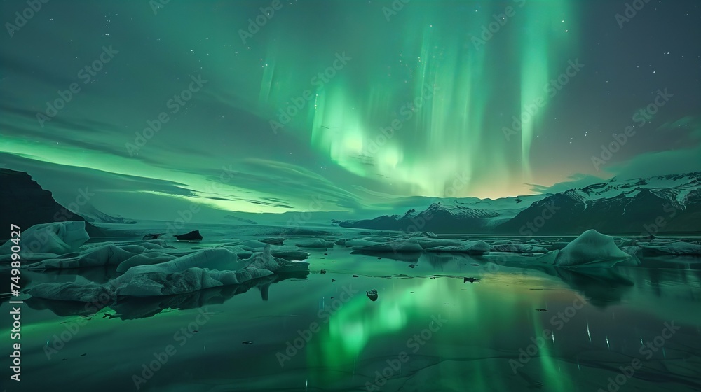 The majestic Northern Lights dancing across the Icelandic sky, reflected on the surface of a tranquil glacial lagoon The majestic Northern Lights dancing across the Icelandic sky, reflected on the surface of a tranquil glacial lagoon