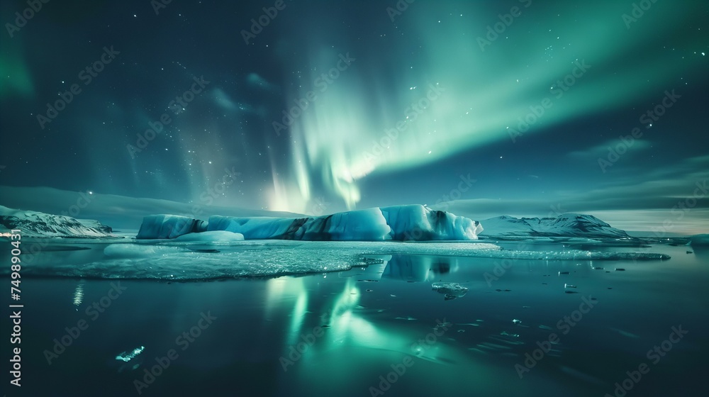 The majestic Northern Lights dancing across the Icelandic sky, reflected on the surface of a tranquil glacial lagoon