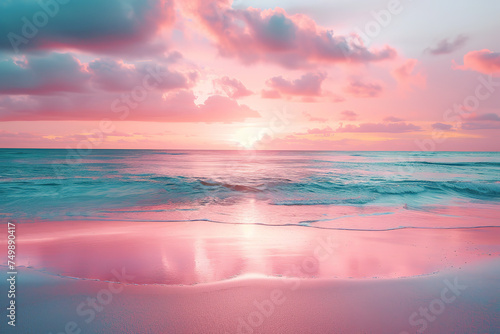 Pink sea. Dawn on the shore. Ocean.Generative AI