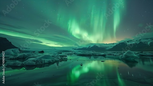 The majestic Northern Lights dancing across the Icelandic sky, reflected on the surface of a tranquil glacial lagoon