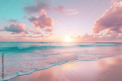 Pink sea. Dawn on the shore. Ocean.Generative AI