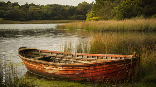 Vintage rowing boat on the waterside of a lake