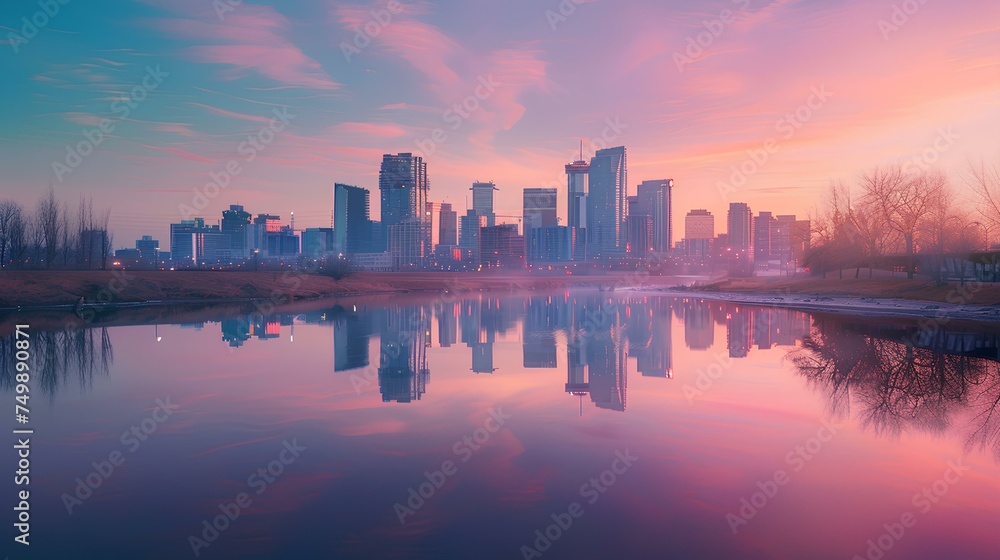City skyline with sunset and night views, reflecting on the river, featuring architectural landmarks and buildings against the backdrop of the sky, clouds, and sunrise